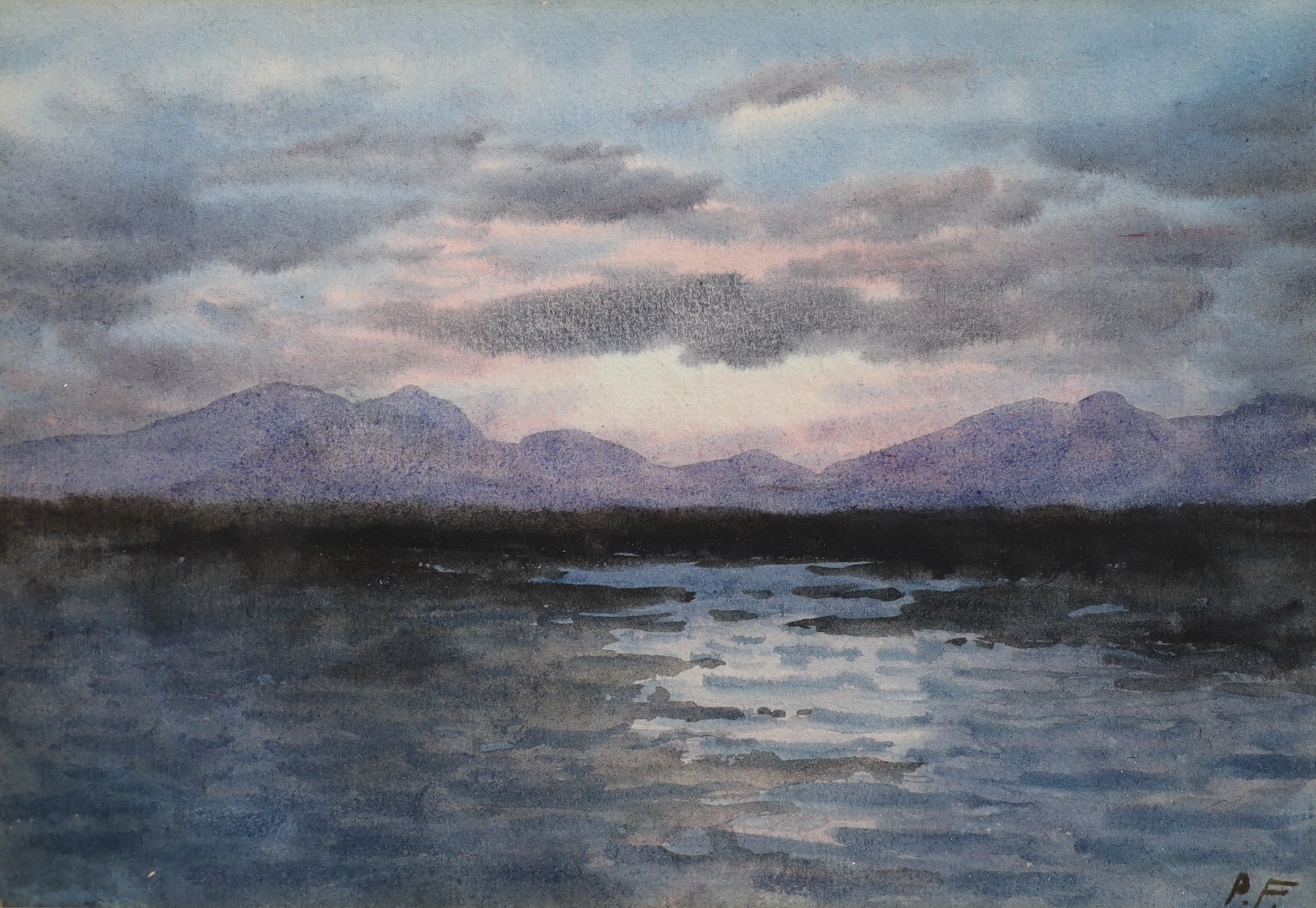 William Percy French (Irish, 1854-1920), Coastal landscape at sunset, watercolour, 17 x 25cm